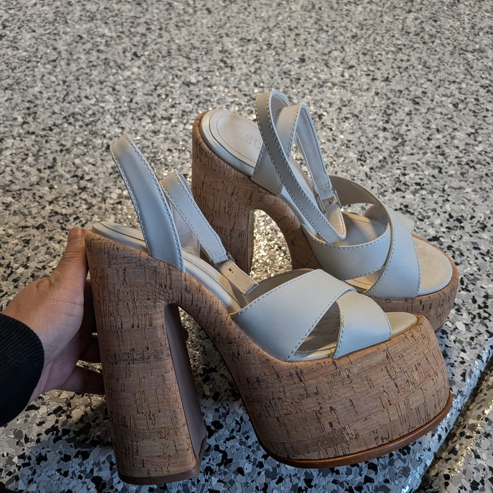 Schutz Pattie Ankle Strap Platform Sandals In White And Cork Detail Size 7 Women
